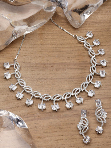 Rhodium-Plated with Silver-Toned Leaf Design White American Diamond Studded Jewellery Set