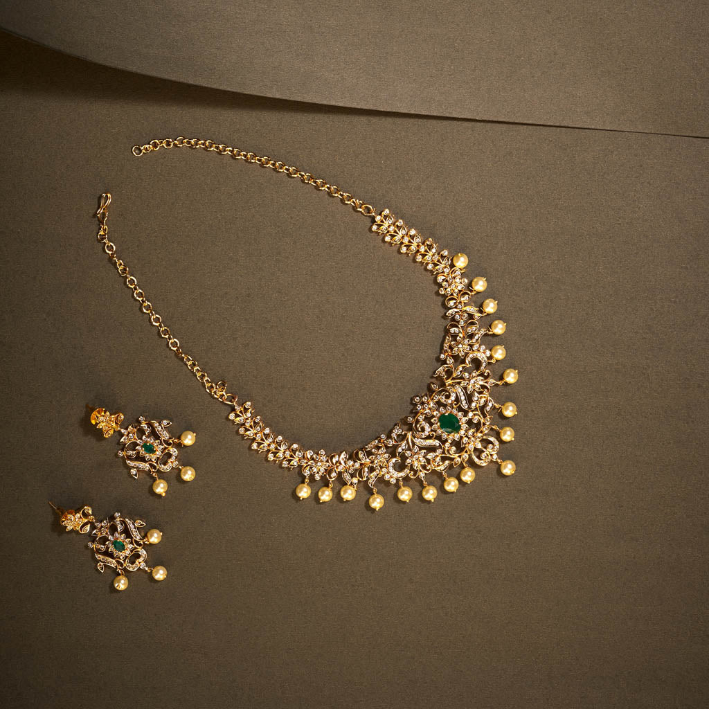 Gold A.D pearl flower necklace set