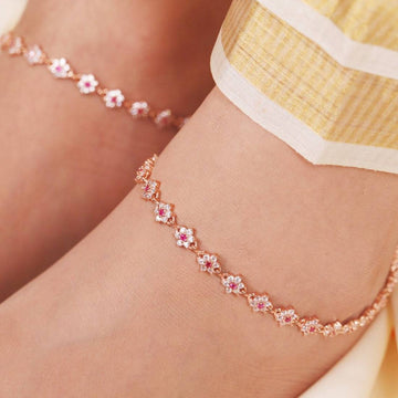 Floral Cubic Zirconia Rose Gold Plated 925 Sterling Silver Women'S Anklet