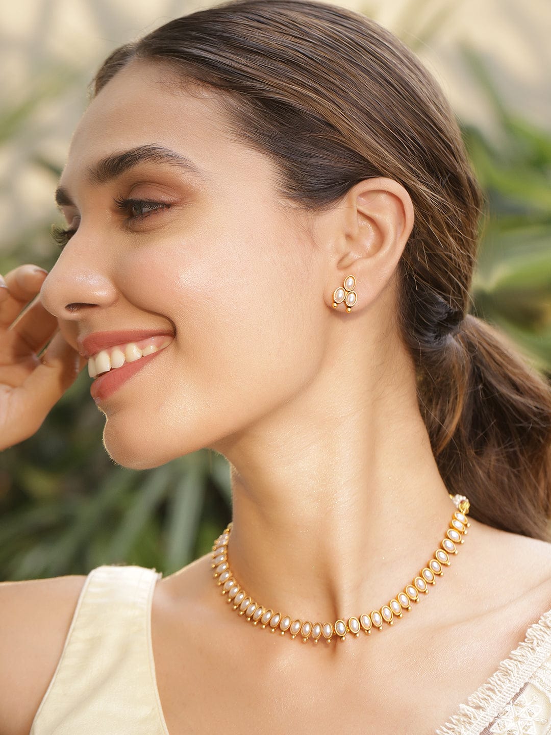 Gold Plated Brass Metal With White Beads Studded Necklace Set