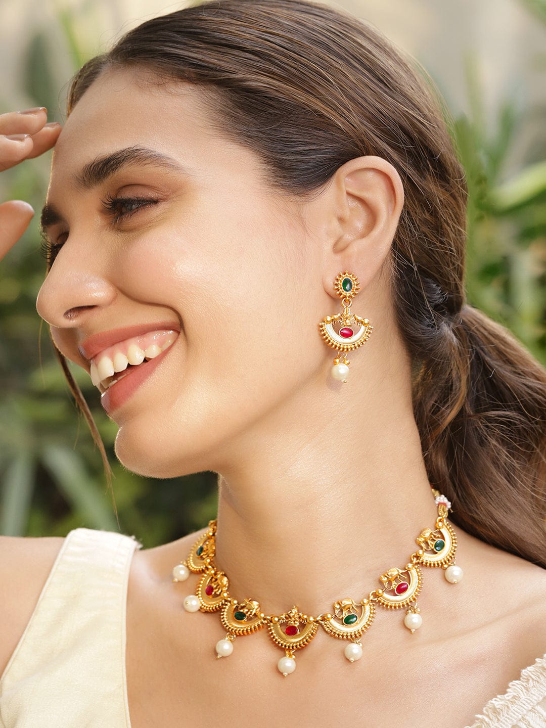 Gold Plated Brass Red And Green Stone Studded Pearls Hanging Jewellery Set