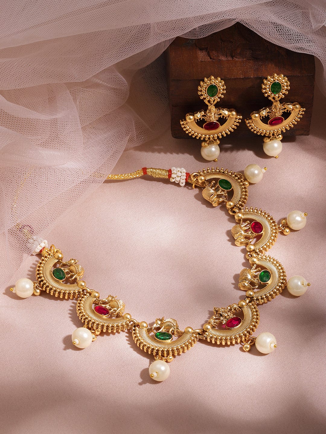 Gold Plated Brass Red And Green Stone Studded Pearls Hanging Jewellery Set