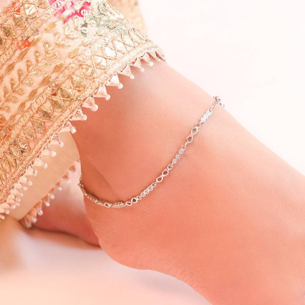 Infinity Cubic Zirconia Rhodium Plated 925 Sterling Silver Anklet