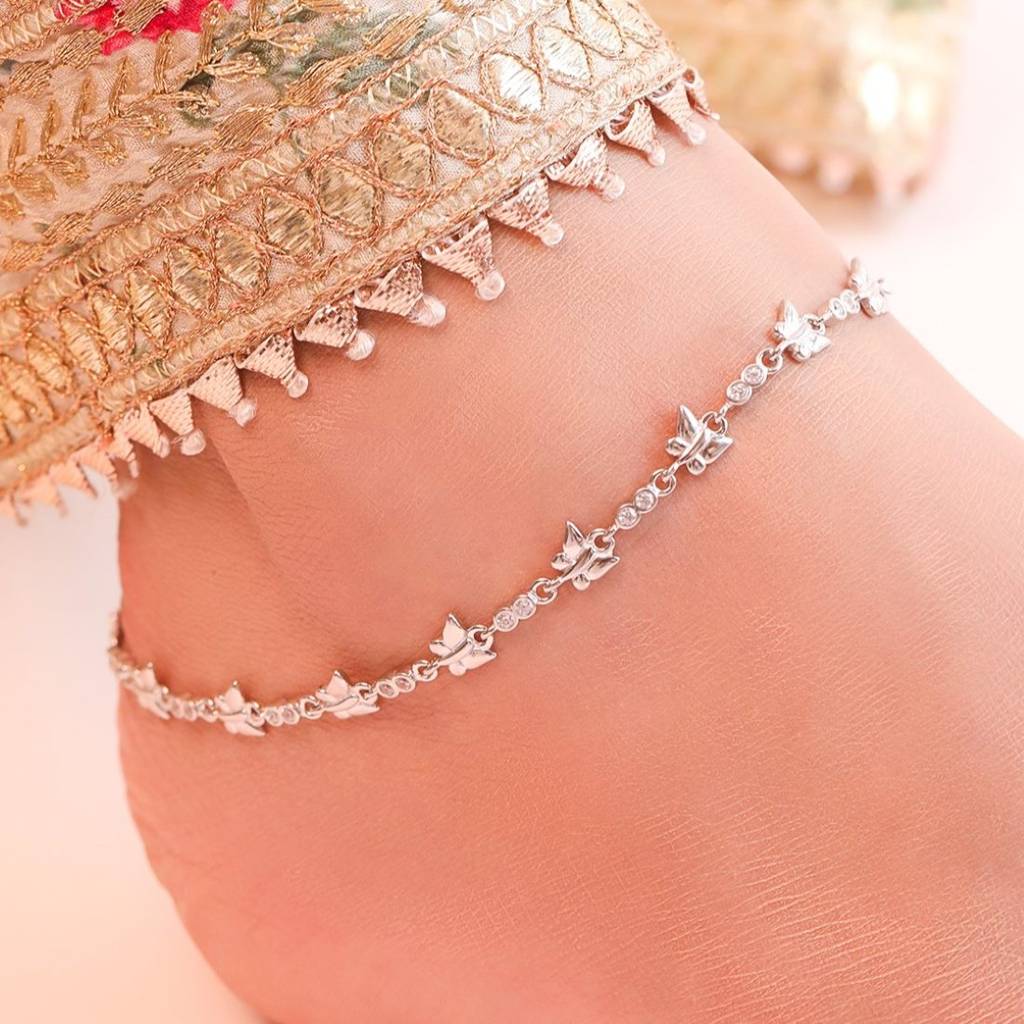 Butterfly Cubic Zirconia Rhodium Plated 925 Sterling Silver Women'S Anklet