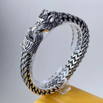 Sterling Silver Bully Dragon Head Dragon Bone Double Row Chain Bracelet