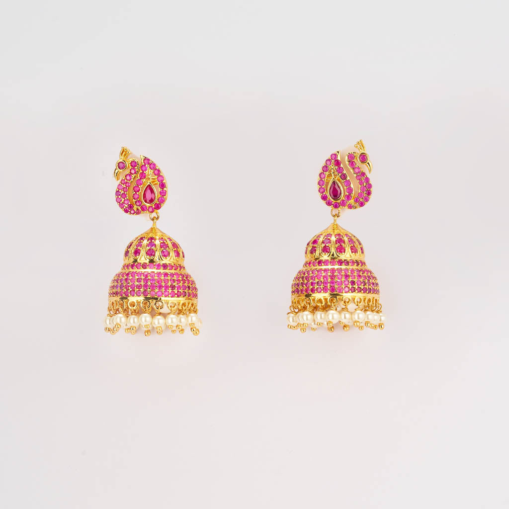 studded gold ruby jhumkas