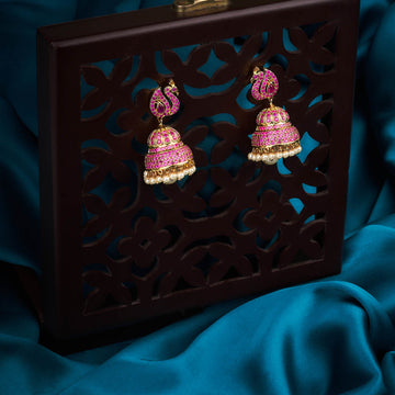 studded gold ruby jhumkas