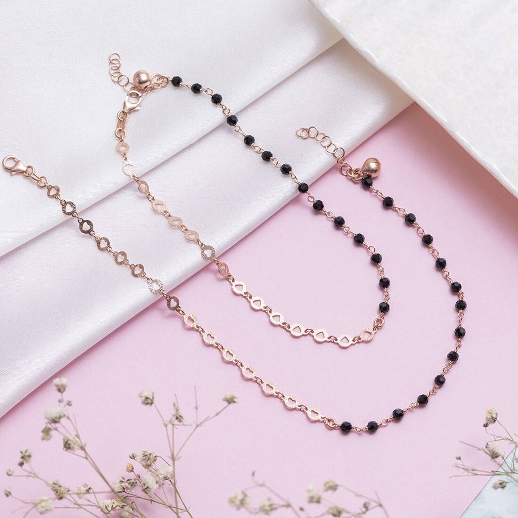 Rose Gold Radiance Beaded Chain Anklet In 925 Sterling Silver