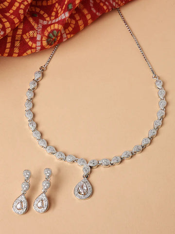 Rhodium-Plated Silver Toned Drop White American Diamond Studded Necklace with Earrings Jewellery Set