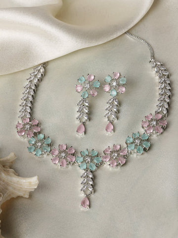 Rhodium-Plated Silver Toned Flower Sea Green & Pink American Diamond Studded Necklace with Earrings Jewellery set