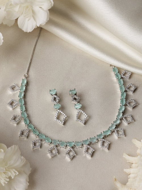 Rhodium-Plated Silver Toned Rectangle Sea Green American Diamond Studded Necklace Earrings Jewellery Set
