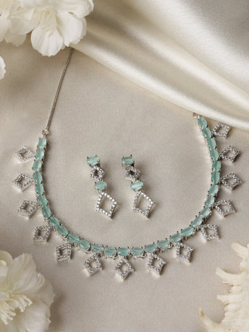 Rhodium-Plated Silver Toned Rectangle Sea Green American Diamond Studded Necklace Earrings Jewellery Set