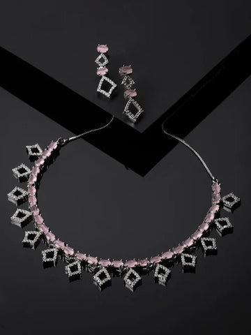 Rhodium-Plated Silver Toned Rectangle Pink American Diamond Studded Necklace Earrings Jewellery Set
