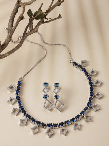 Rhodium-Plated Silver Toned Rectangle Navy Blue American Diamond Studded Necklace Earrings Jewellery Set