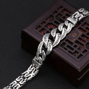 Sterling Silver Sanskrit Buddhist Mantra Curb Chain Bracelet