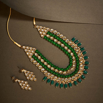 white stone and green beads mala necklace and earings