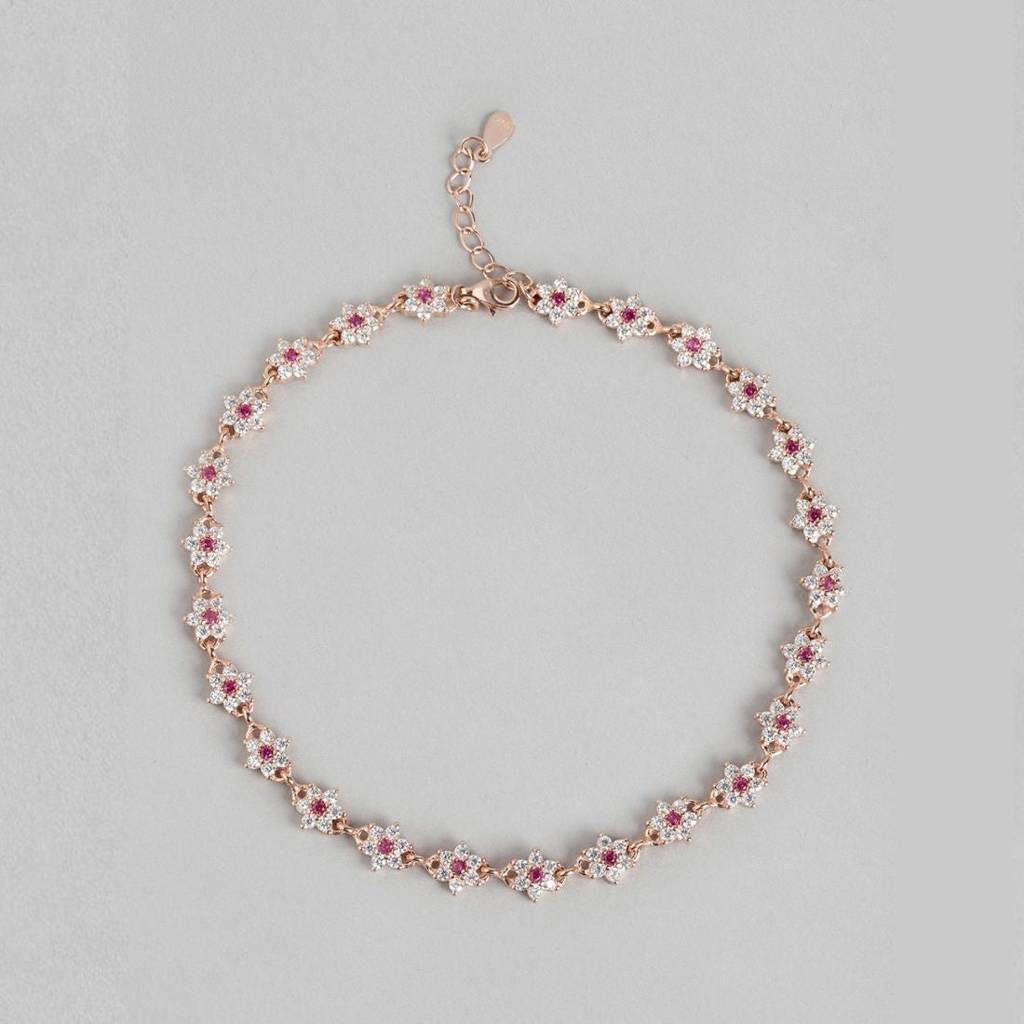 Floral Cubic Zirconia Rose Gold Plated 925 Sterling Silver Women'S Anklet