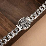 Sterling Silver Rotatable Tiger Head Curb Chain Bracelet