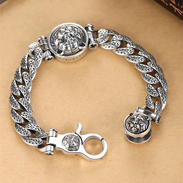 Sterling Silver Rotatable Tiger Head Curb Chain Bracelet