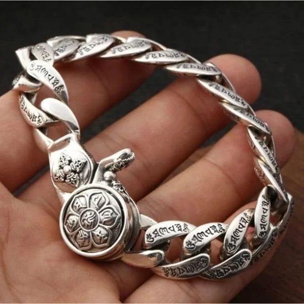 Sterling Silver Buddhist Mantra Vajra Pestle Curb Chain Bracelet