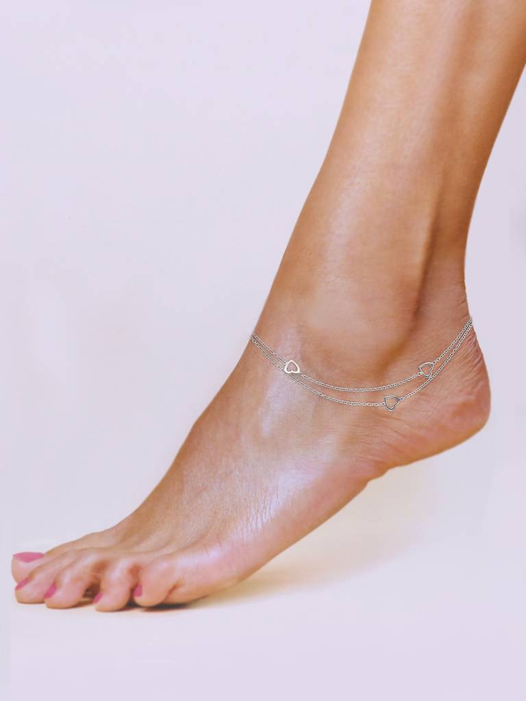 92.5 Silver Double Layered Heart Anklet