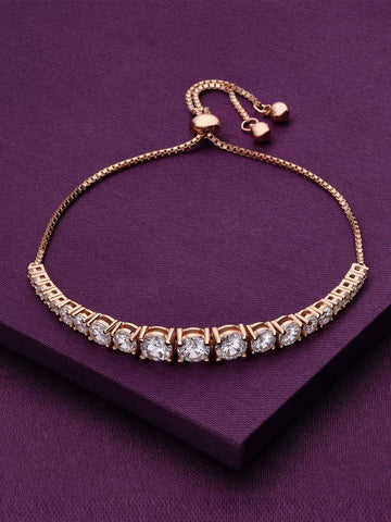 Sterling Silver Rose Gold Solitaire Tennis Diamond Bolo Adjustable Bracelet