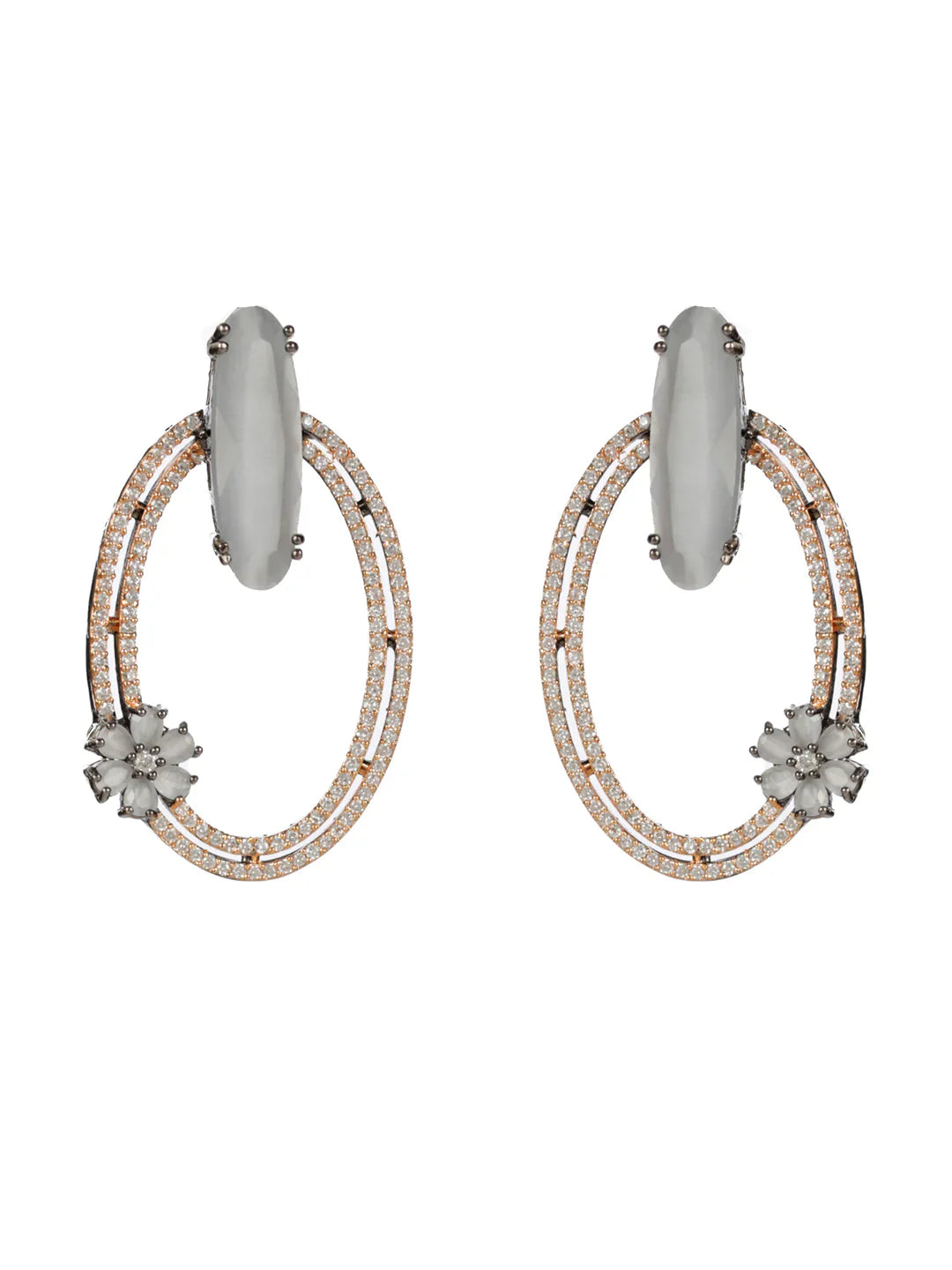 Grey Oval Floral AD Rose Gold Gunmetal Plated Earrings