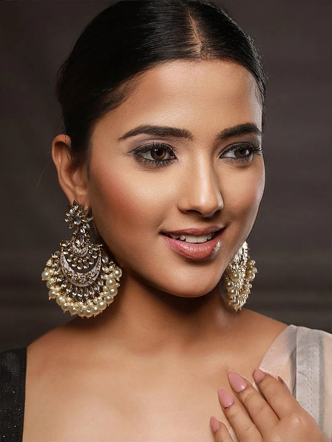 White Kundan Pearl Gold-Plated Chandbali Earrings