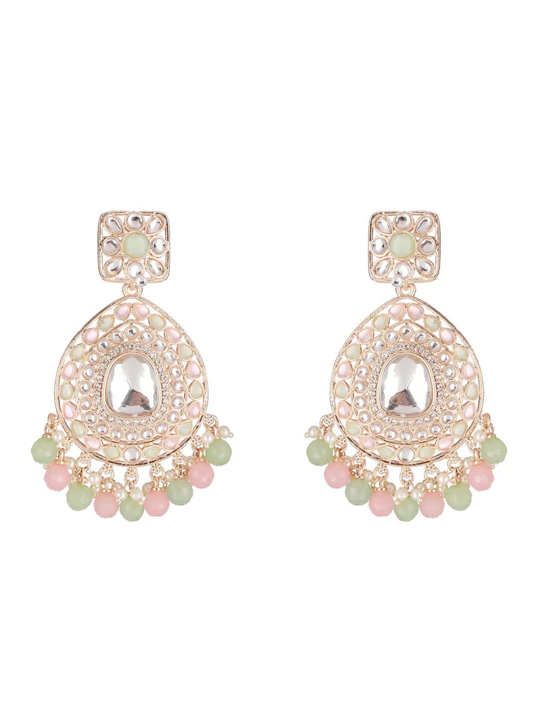 Pretty Pastel-Toned Studded Floral Beads Gold-Plated Drop Earrings