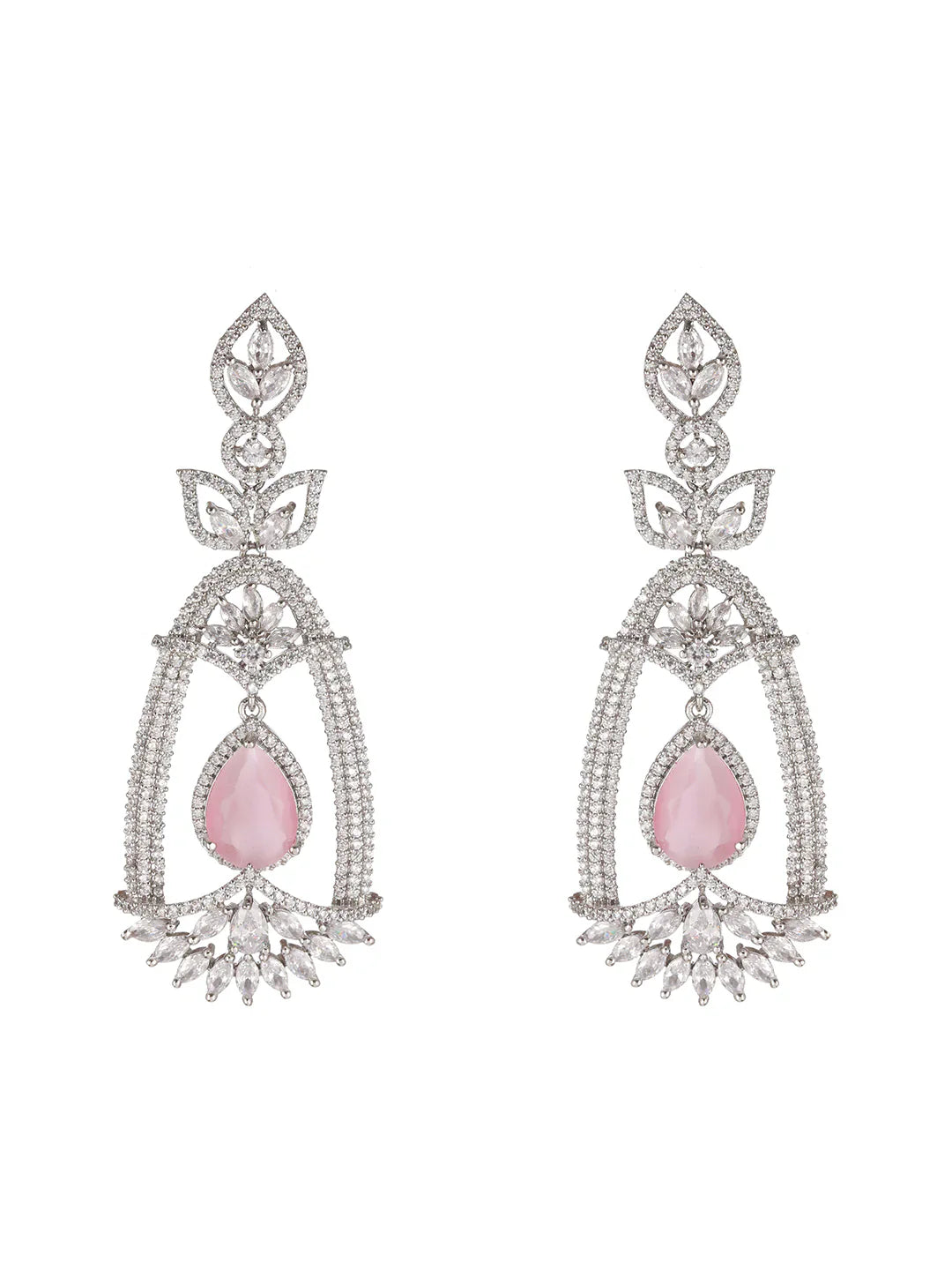 Pink Leaf American Diamond Silver-Plated Drop Earrings