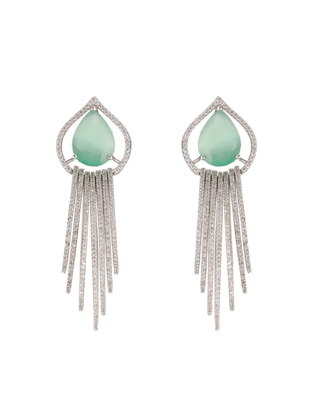 Mint Green Leaf Rings American Diamond Silver-Plated Earrings