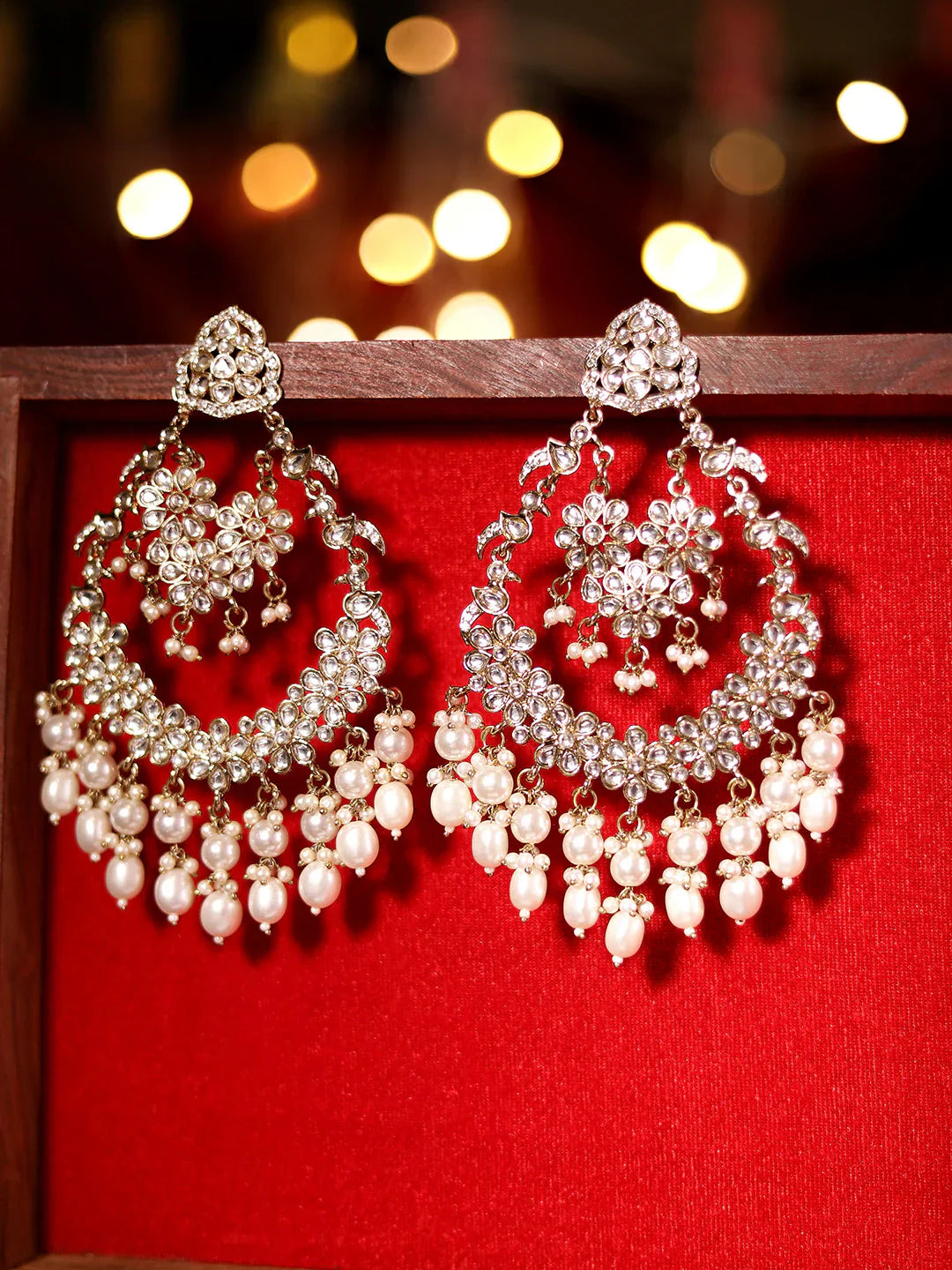 Floral Design Kundan Fresh Water Pearls Finest Chandbali elegance earrings