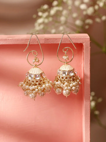 White Kundan Fresh Water Pearls hanging Gold Plated Jhumka earrings