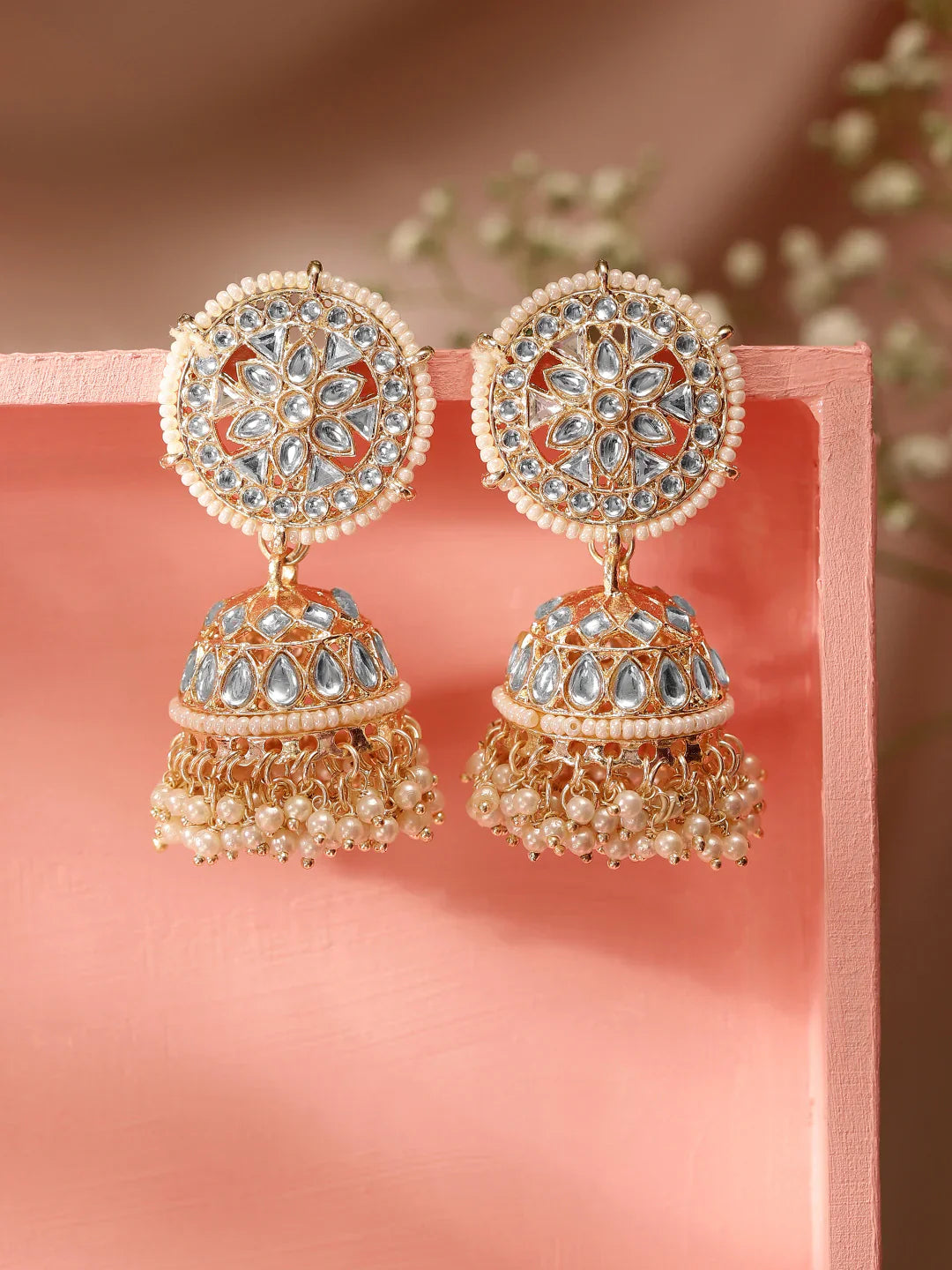 Floral kundan Fresh Water pearl jhumka gold plated push back earrings