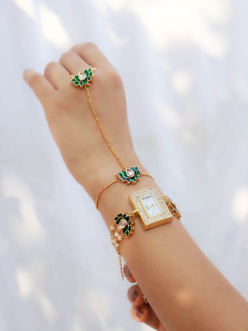 flower Green Lotus Necklace, Hathphool and Wrist Watch Set