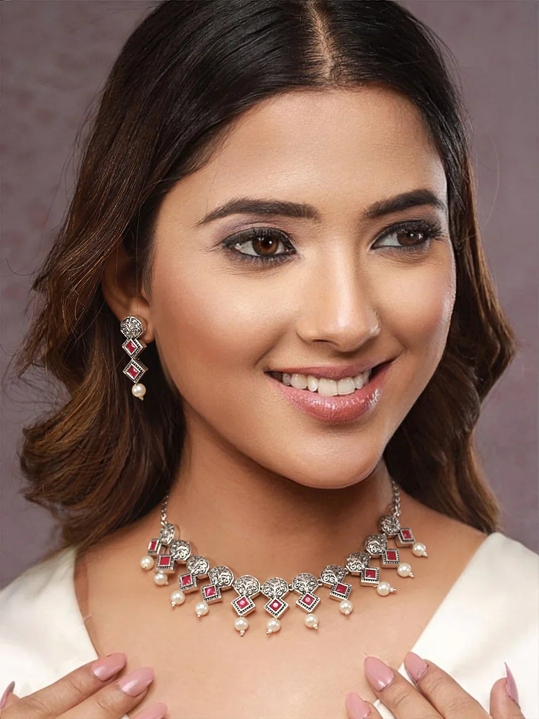 Studded Pink Block Pearl Drop Oxidised Silver Jewellery Set