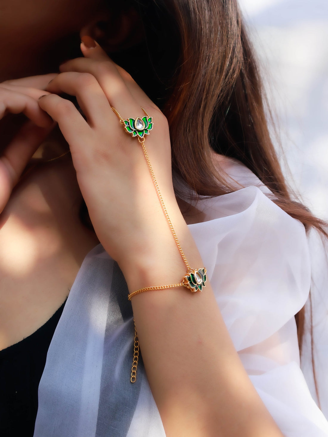 flower Green Lotus Necklace, Hathphool and Wrist Watch Set