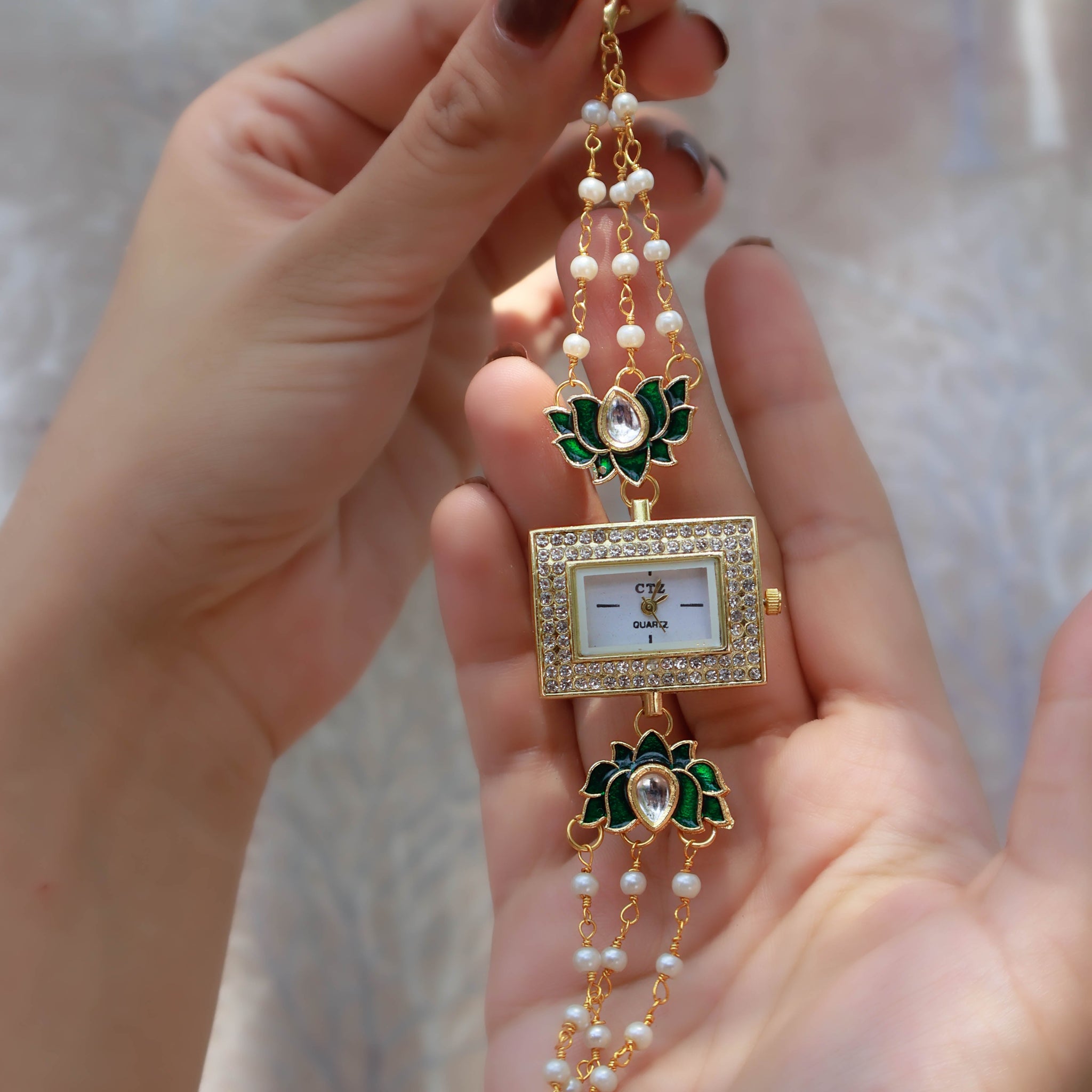 Mayflower Green Kundan Wrist Watch