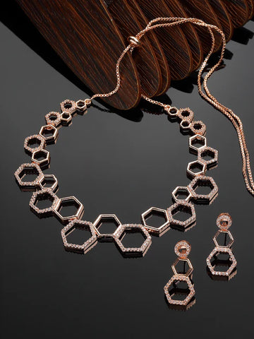 Rose Gold-Plated White American Diamond Studded Hexagon Shaped Necklace with Earrings Jewellery Set