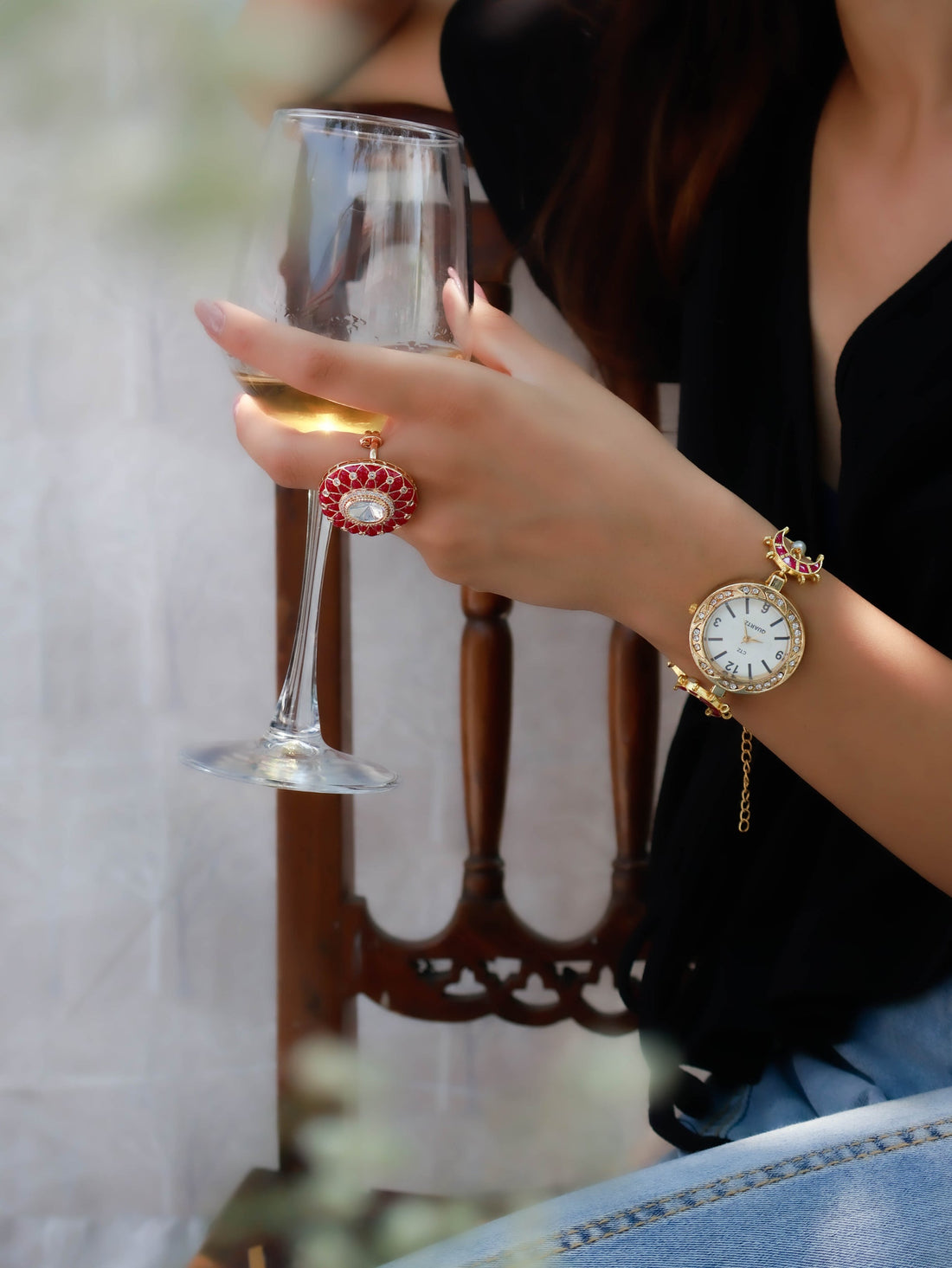 Pink Polki Ring & Kundan Wrist Chain Women Watch