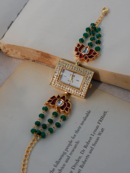Red-Green Lotus Kundan Wrist Watch