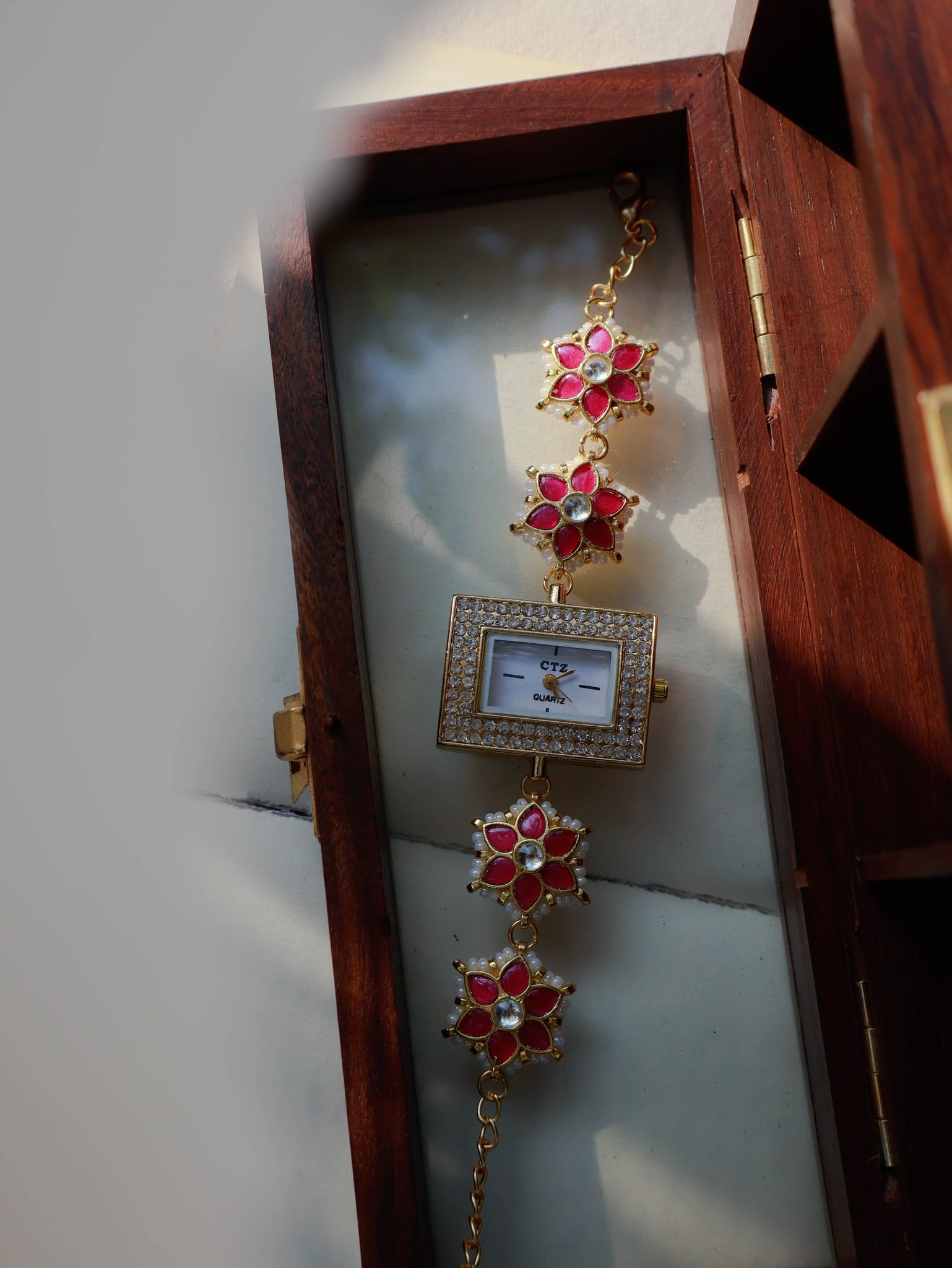 Kundan Pink Floral Wrist Watch