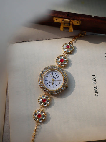 Pink Kundan Floral Wrist gold-plated Watch
