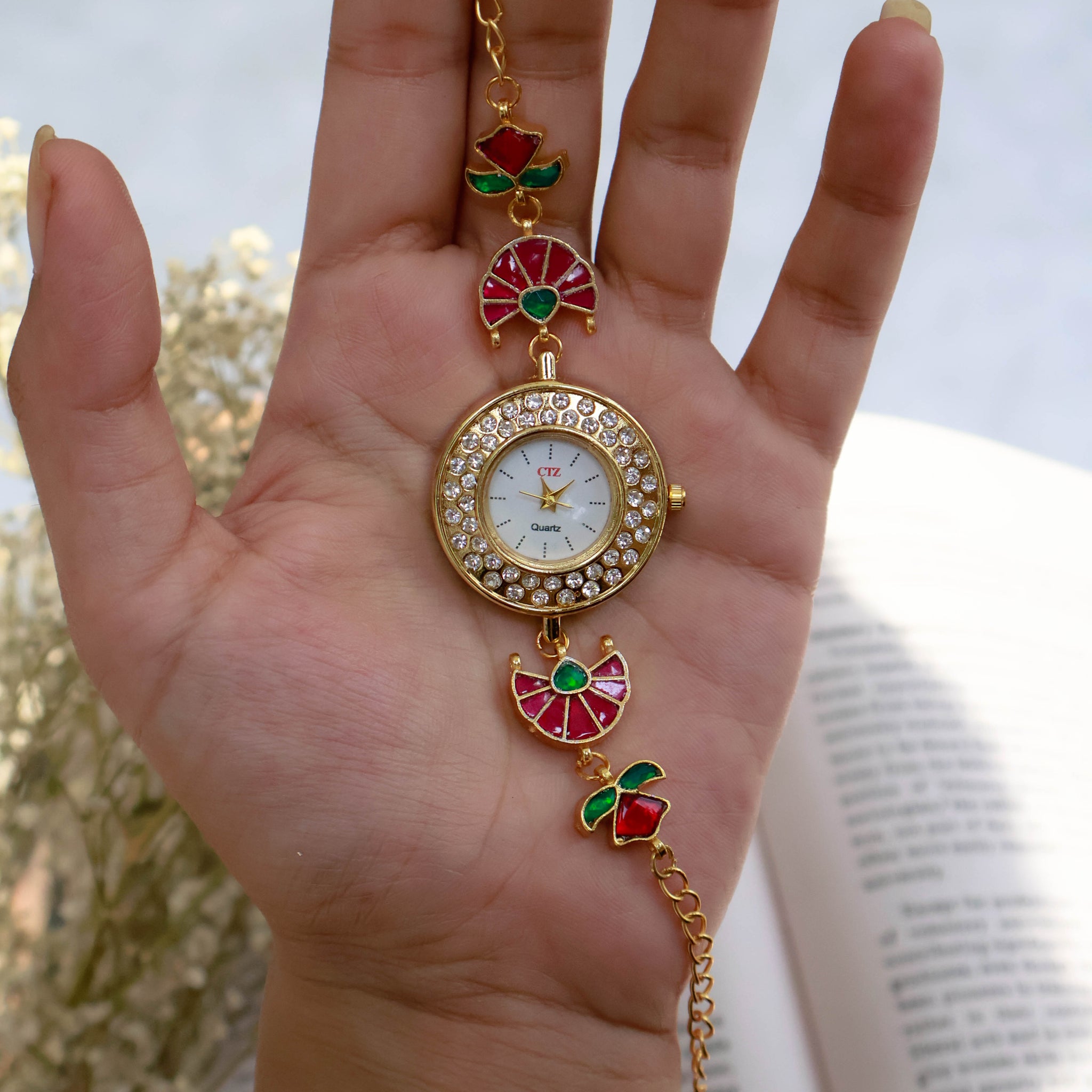 Red-Green Kundan Wrist Watch