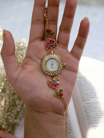 Red-Green Kundan Wrist Watch