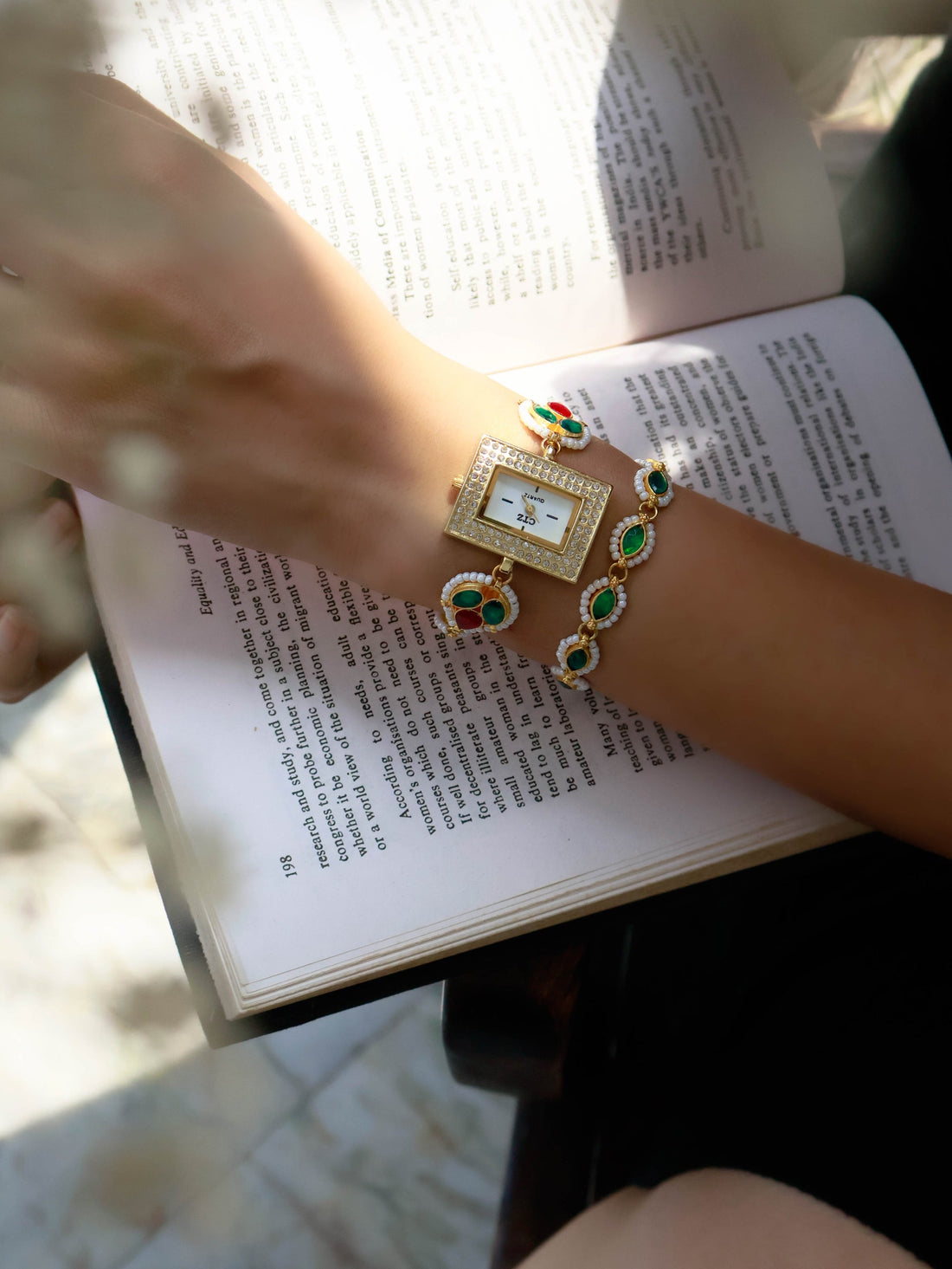 Red-Green styling Kundan Wrist Watch & Bracelet Set