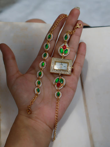 Red-Green styling Kundan Wrist Watch & Bracelet Set