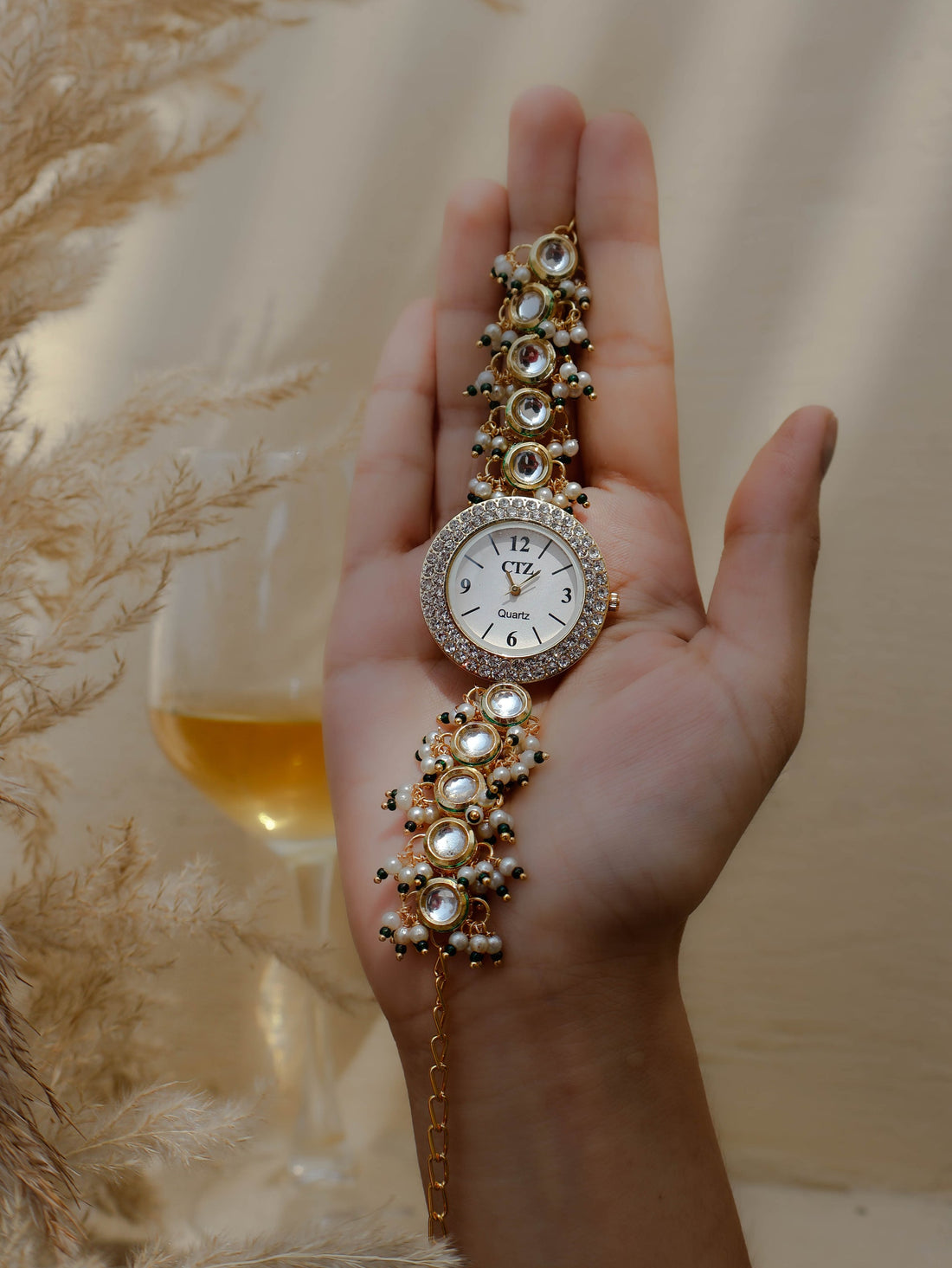 Green Kundan Wrist Women Watch