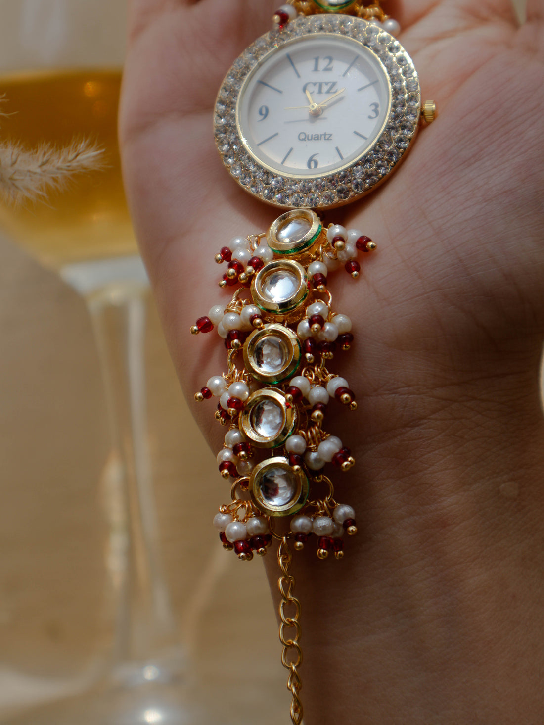 Red Kundan Wrist Chain Watch
