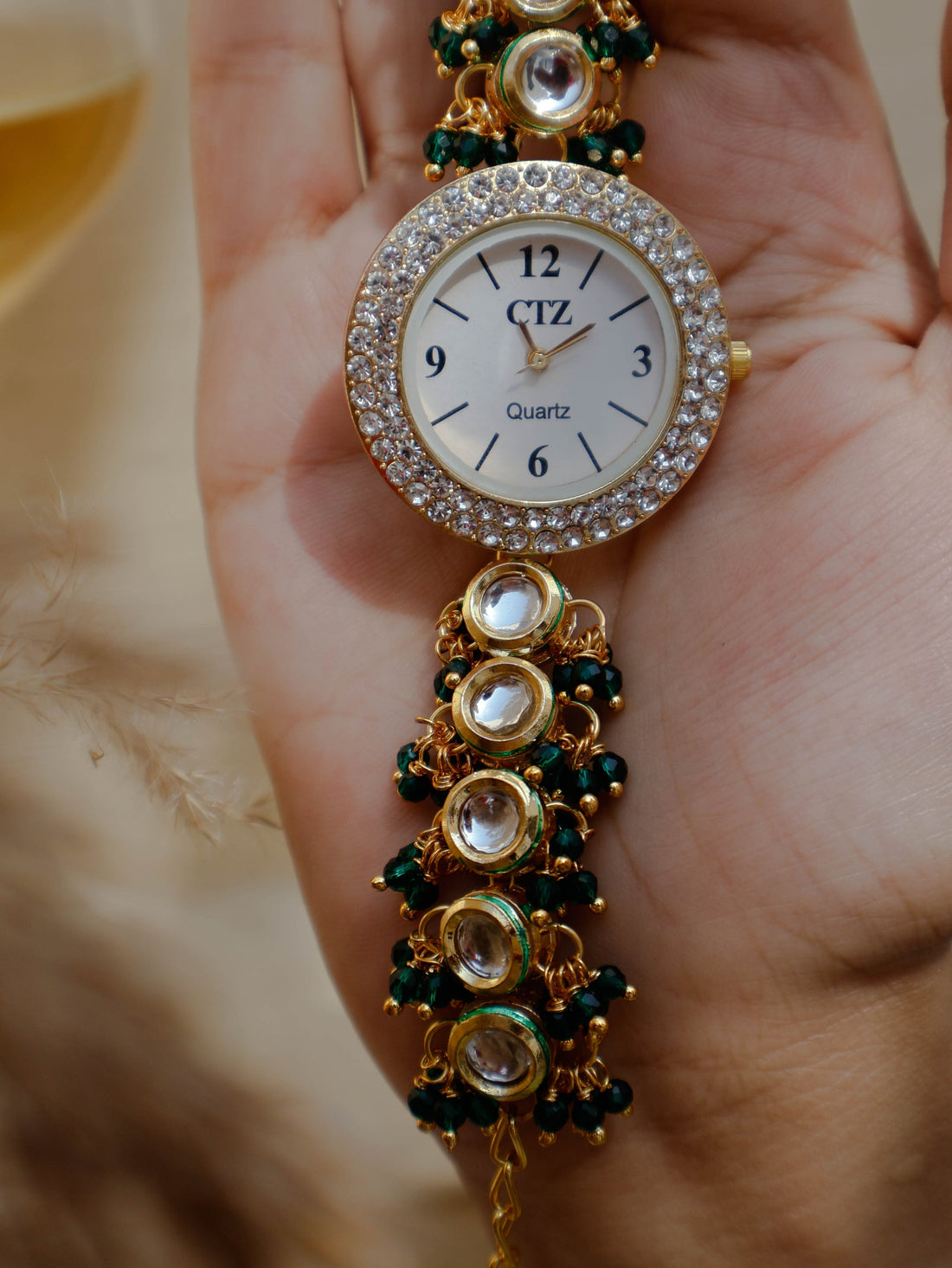 Kundan Green Stone Wrist Watch